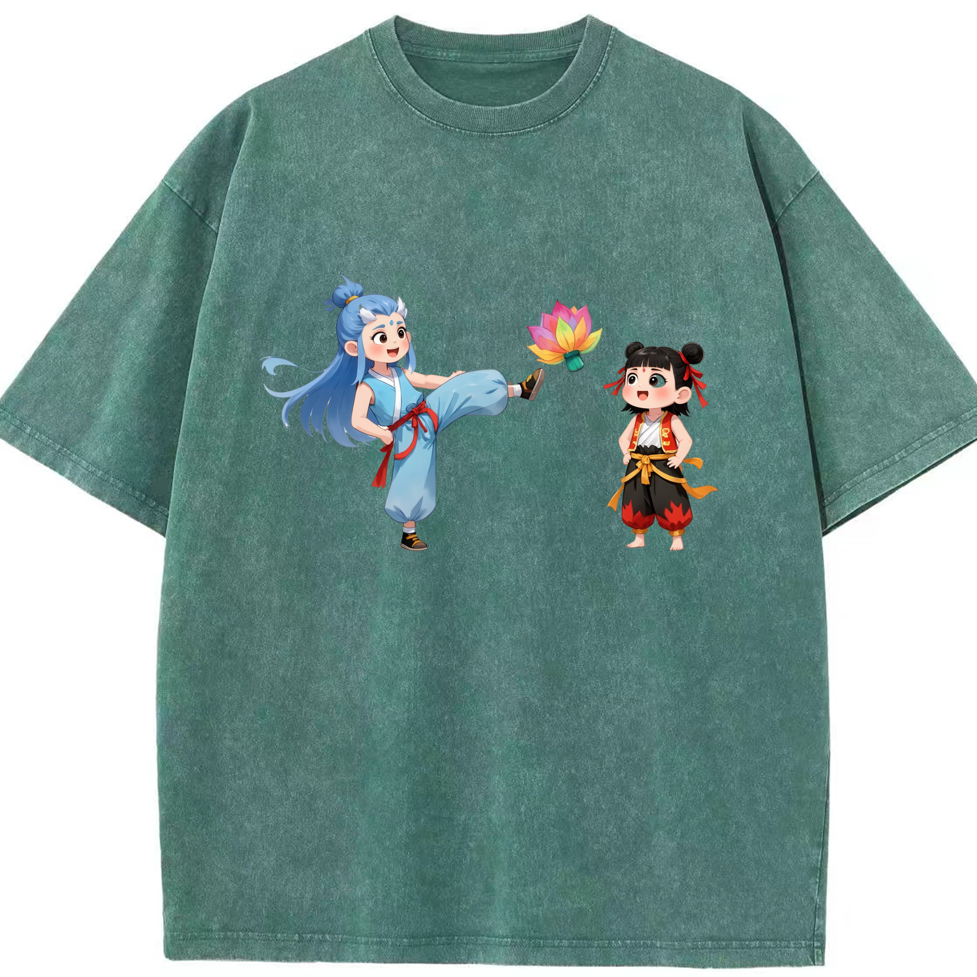 （画像用） Ne Zha 2 ナタ 魔童の大暴れ 綿100% ヴィンテージ風 半袖Tシャツ（フロントプリント）